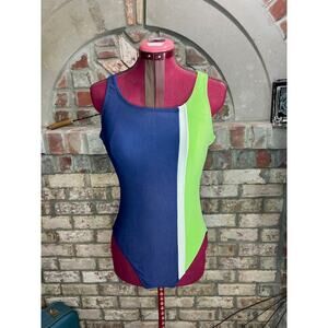 one piece swimsuit color blocked stripe ribbed blue white neon green 1990s